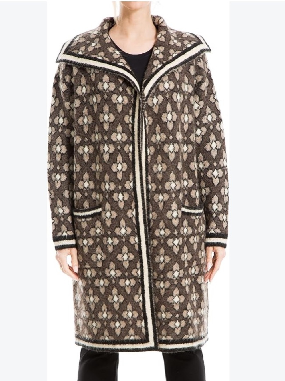NWT Max Studio London Geometric Knit Duster Cardigan Size Medium Brown Cream